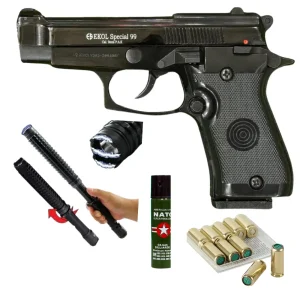 Ekol Special 99 Cal 9mm Black, Stun Gun,Peper spray, Holster | 10 Blanks – Complete Self-Defense Kit