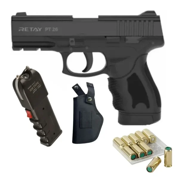 Retay PT26 Blank Gun (Black) – Includes 10 Bullets, Holster, and Stun Gun