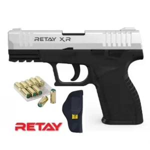 Model Retay XR Chrome Finish Chrome Bullets Included 10 Blank Bullets Holster Yes Material Metal & Polymer Type Blank Gun Caliber 9mm Safety Features Manual, Trigger Weight 1 kg Dimensions Length: 22 cm, Height: 14 cm