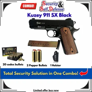 Kuzey 911SX Black Blank Pistol 20 Codex Bullets 2 Pepper Bullets 1 Holster