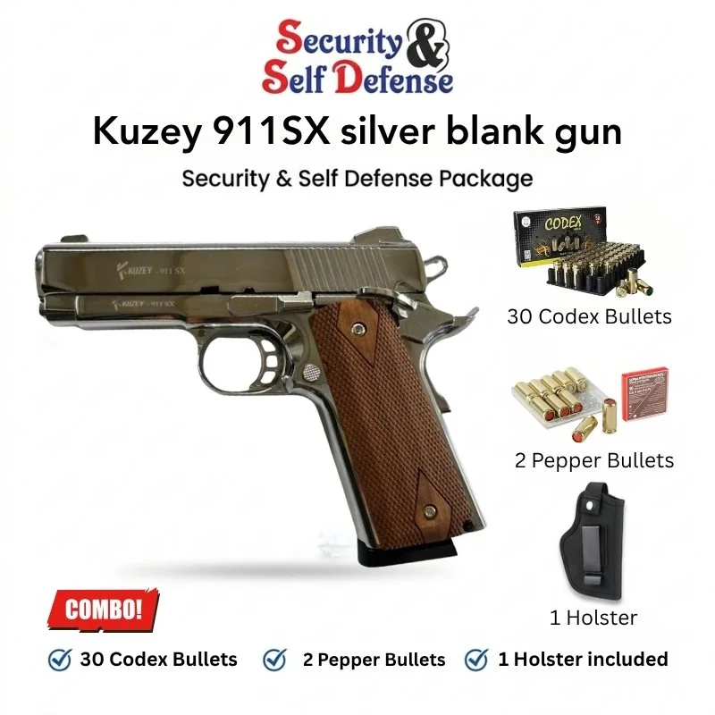 Kuzey 911SX Silver Blank Pistol 30 Codex Bullets 2 Pepper Bullets 1 Holster 1 Kuzey 911SX Silver