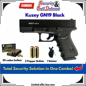 Kuzey GN19 Black Blank Pistol 50 Codex Bullets 2 Pepper Bullets 1 Holster